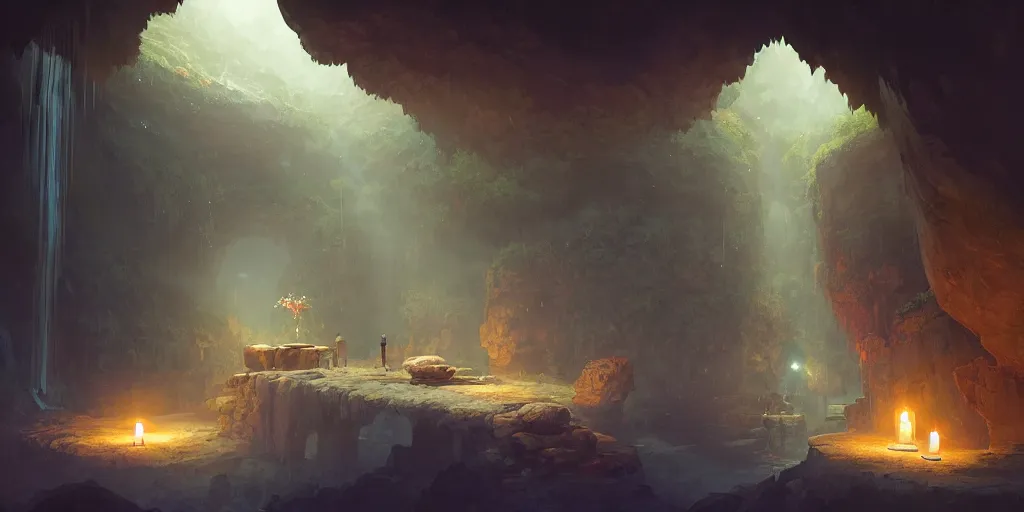 Prompt: cozy, empty bathhouse hidden in a cave, small, colorful, candlelight, towels, cushions, natural light, lush plants and flowers, elegant, smooth cave rock, fantasy, atmospheric lighting, digital painting, Greg Rutkowski, concept art