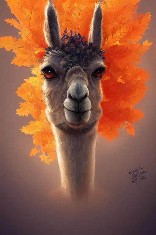 Image similar to beautiful digital painting of anthro llama, orange oak leaves, D&D, fantasy, intricate, anthro, cinematic lighting, highly detailed, digital painting, Artstation, anthro concept art, smooth, sharp focus, illustration, llama art by Artgerm and Greg Rutkowski and Rossdraws