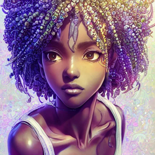 Image similar to the portrait of the absurdly beautiful, graceful, elegant, gorgeous, sensual black young anime goddess made of crystals, an ultrafine hyperdetailed illustration by kim jung gi, irakli nadar, intricate linework, bright colors, octopath traveler, final fantasy, unreal engine 5 highly rendered, global illumination, radiant light, intricate environment