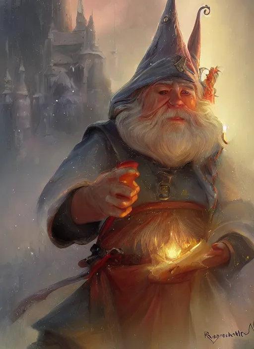 Image similar to an enchanted gnome wizard painted by raymond swanland