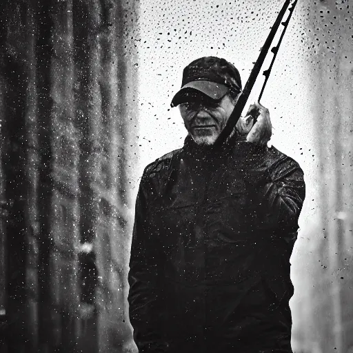 Image similar to closeup portrait of a man fishing in a rainy new york street, photography, studio light