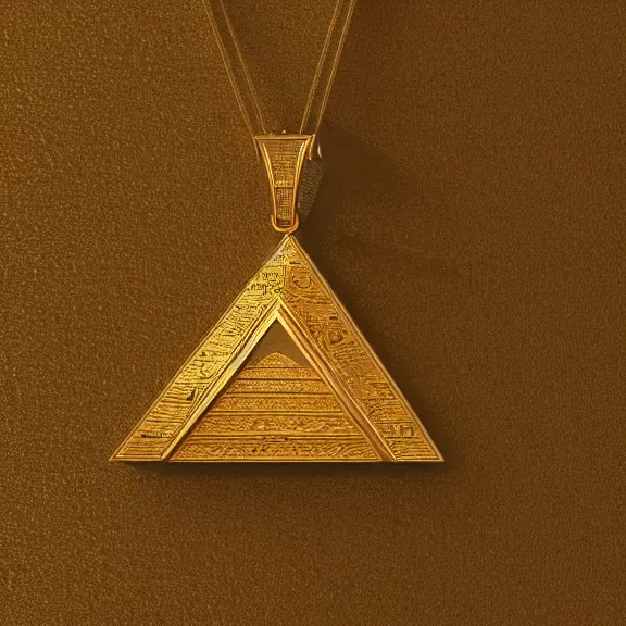 Image similar to An ancient egyptian pendant that looks like an upside-down pyramid with the wedjat eye engraved, dirty gold, splash art, movie still, cinematic lighting, dramatic, octane render, long lens, shallow depth of field, bokeh, anamorphic lens flare, 8k, hyper detailed, 35mm film grain