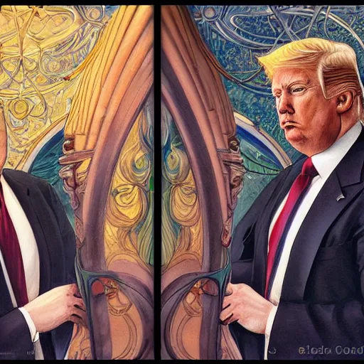 Prompt: an art nouveau painting of donald trump in the style of donato giancola, and in the style of charlie bowater, and in the style of claudio errico. symmetry, smooth, sharp focus, semi - realism, intricate detail.