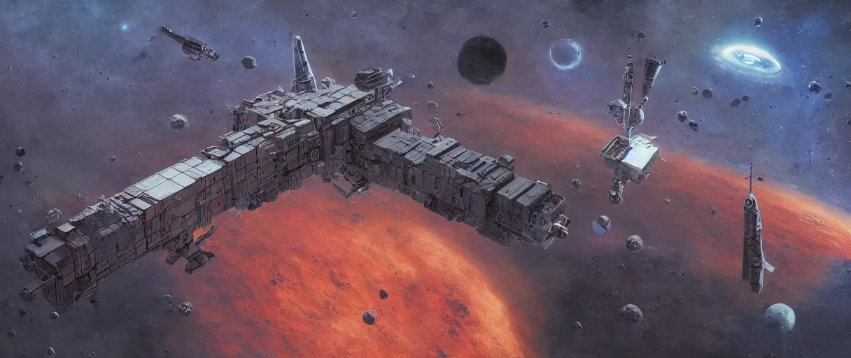 Prompt: concept art, a single military scouting spaceship, traveling to new worlds, deep space exploration, the expanse tv series, industrial design, dynamic angle, high energy and motion, spatial phenomena, cinematic lighting, 4k, greebles, widescreen, wide angle, beksinski, sharp and blocky shapes