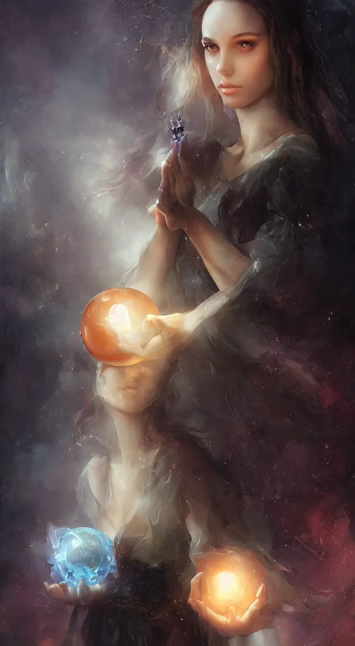 Prompt: a beautiful young witch with a crystal ball, painted by artgerm and tom bagshaw, fantasy art, dramatic lighting, highly detailed oil painting, volumetric lighting