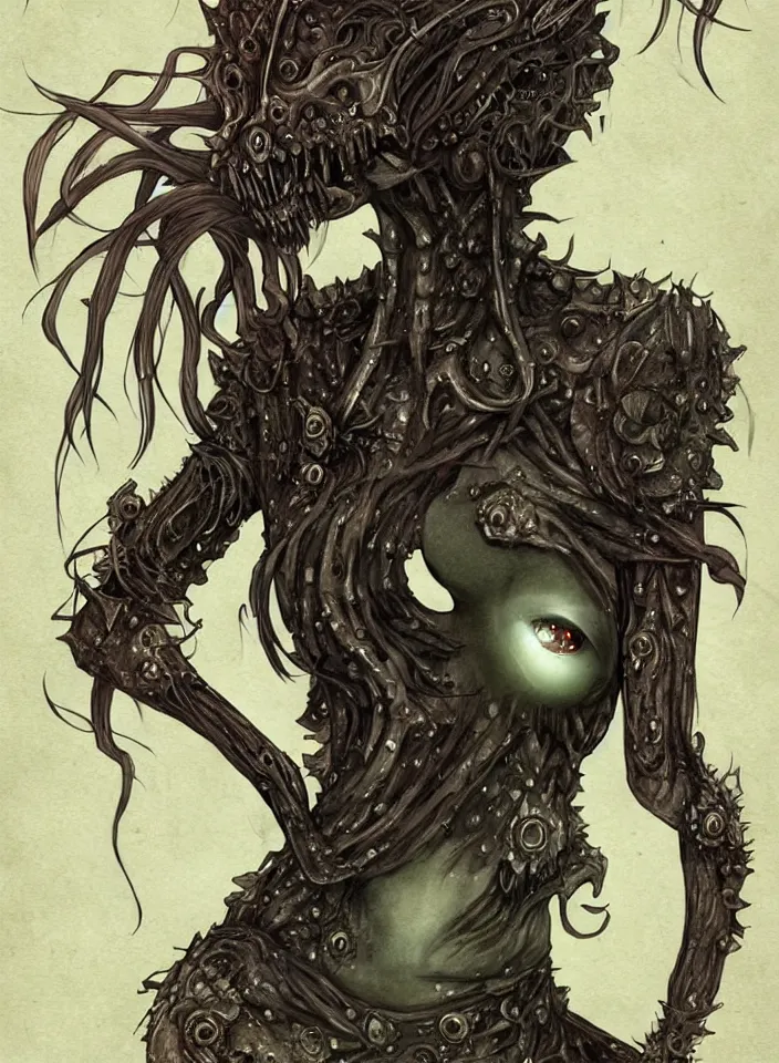 Prompt: Epic potrait of Cthulu depicted as a woman, by Ryohei Fuke, Huke, personification, featured on pixiv, dystopian, body horror, rayonism, cold hue's