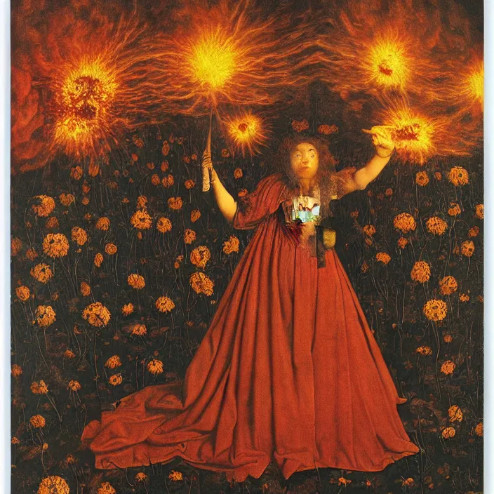 Image similar to a woman with a third eye exploding with flowers, standing in fire, by Jan van Eyck