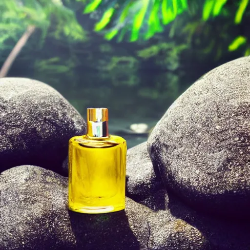 Image similar to perfume bottle sitting on a pile of rocks in the middle of a blue lake, close up shot, upfront, surrounded by tropical leaves, blurred tropical background, softly - lit, soft - warm, zen, light, modern minimalist f 2 0 clean