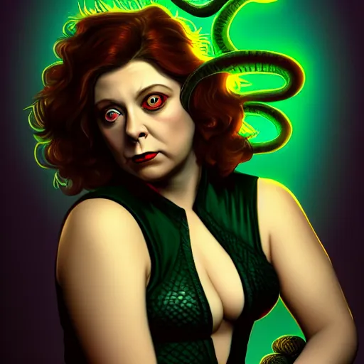 Image similar to rachel bloom with hissing snake ghosts for hair like medusa, fantasy, glamorous, beautiful, sharp focus, 8 k resolution, artstation