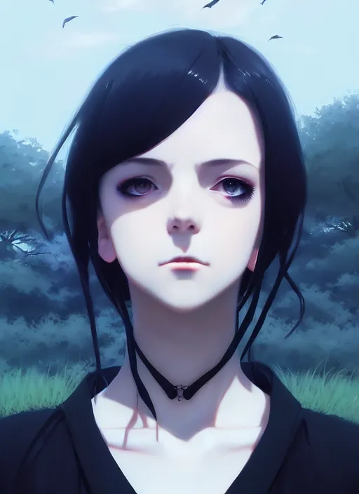 Prompt: portrait of a goth girl by ilya kuvshinov, cloudy sky background lush landscape illustration concept art anime key visual trending pixiv fanbox by greg rutkowski makoto shinkai studio ghibli