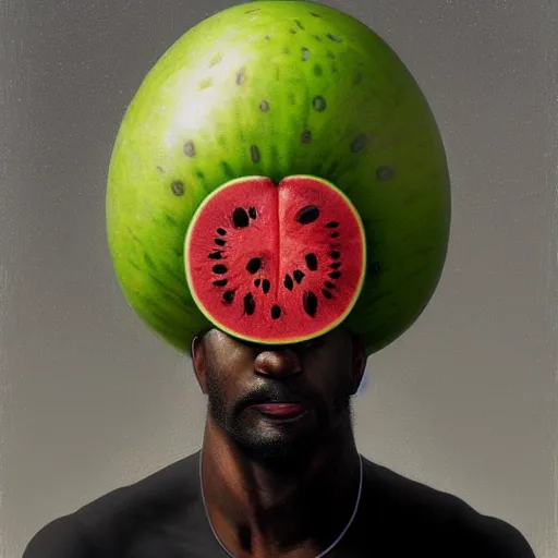 Image similar to front portrait of a goofy looking neutral emotion black guy with a watermelon fruit helmet that covers only the top of his head by greg rutkowski