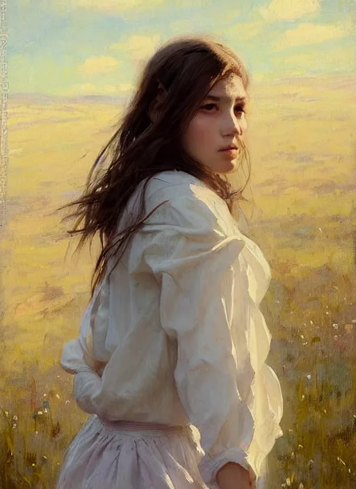 Image similar to portrait of girl dressed in white clothes , countryside, fantasy character portrait, dynamic pose, above view, view from above, sunny day, thunder clouds in the sky, artwork by Jeremy Lipkin and Giuseppe Dangelico Pino and Michael Garmash and rob rey, very coherent symmetrical artwork, perfect face, simple form, 100mm