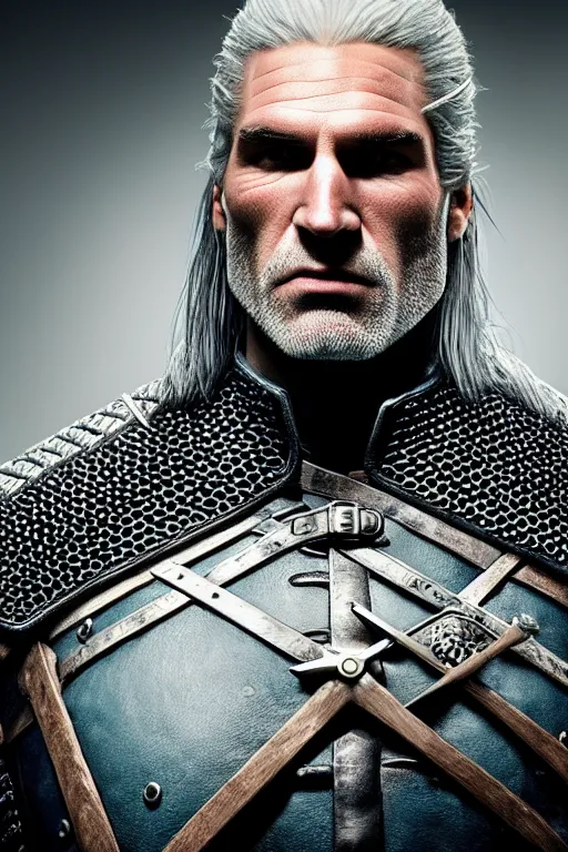 Image similar to portrait of geralt of rivia, 5 5 mm lens, professional photograph, times magazine, serious, stern look