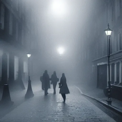 Image similar to London at night, deep fog, jack the ripper walks looking for his next victim, by Michelangelo