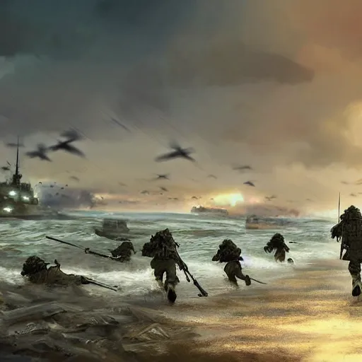 Prompt: soldiers storming the beaches of normandy on d - day, highly detailed, digital painting, concept art, sharp focus, by makoto shinkai