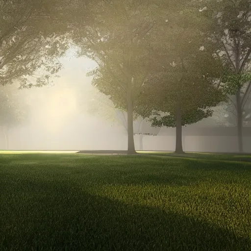 Image similar to still shot of a park covered in morning fog, highly detailed, photorealistic portrait, bright studio setting, studio lighting, crisp quality and light reflections, unreal engine 5 quality render