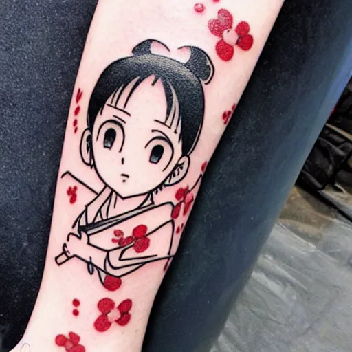 Prompt: Shoujo ai manga style japanese ninja schoolgirl by Hayao Miyazaki, studio ghibli, sakura festival, tattoo on upper arm