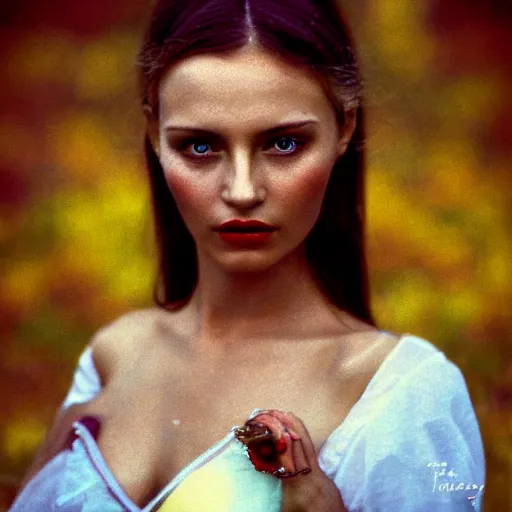 Image similar to pretty ukrainian woman i in the style in the style of andrei tarkovsky, 8 k, 1 9 8 4, close - up bokeh, gelios lens, color, noir by terry o'neill