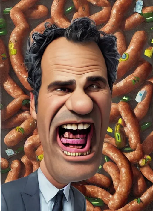 Prompt: hyperrealistic mark ruffalo caricature screaming on a dartboard surrounded by big fat frankfurter sausages with a trippy surrealist mark ruffalo screaming portrait by aardman animation and norman rockwell, mark ruffalo caricature dartboard with hot dogs, glitchcore