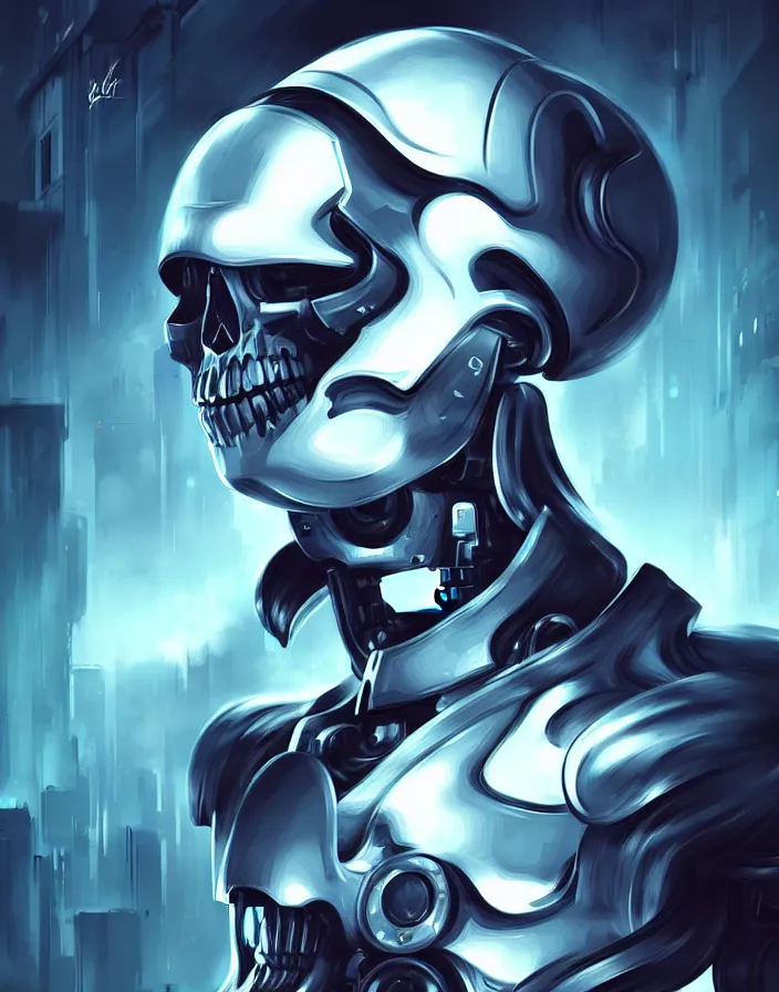 Image similar to skull - headed robot cyborg painting, illutstration, concept art, cyberpunk, futurism, comics art, artgerm, full body shot, wide angle