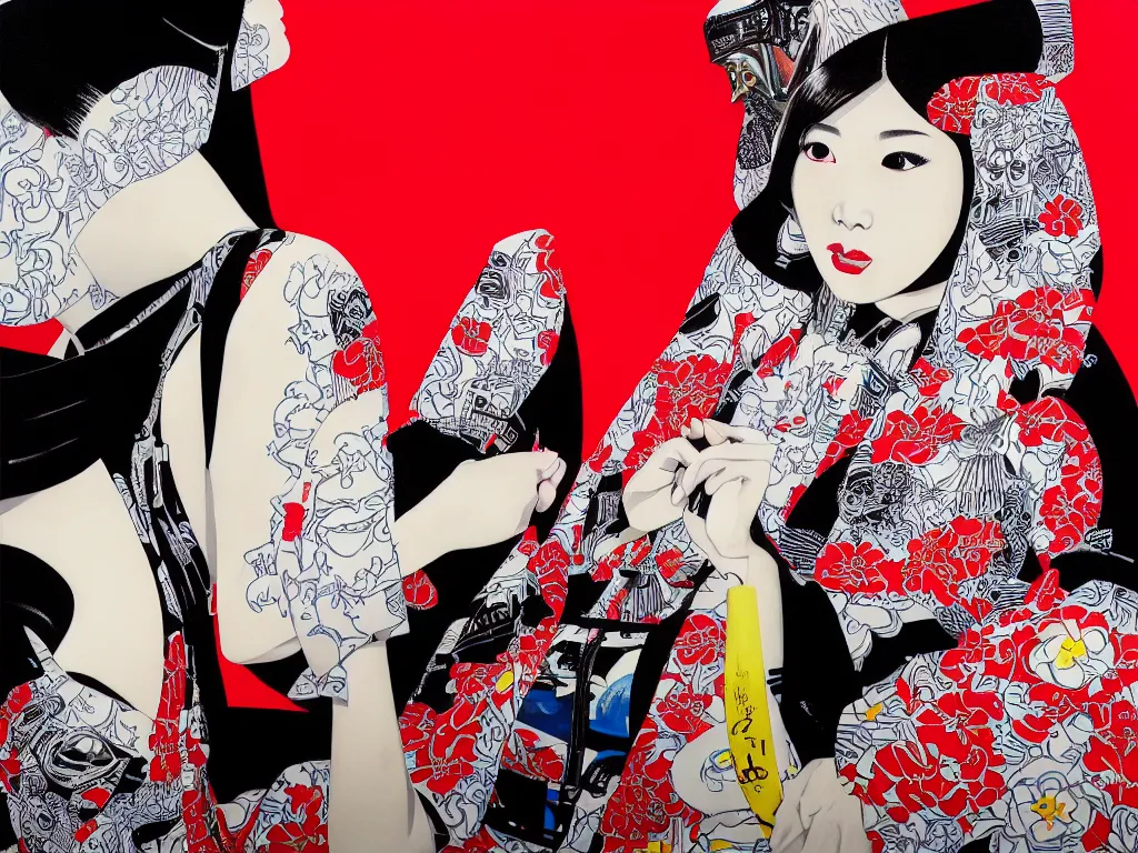 Image similar to hyperrealism composition of the detailed woman in a japanese kimono sitting at an extremely detailed poker table with darth vader, fireworks on the background, pop - art style, jacky tsai style, andy warhol style, acrylic on canvas