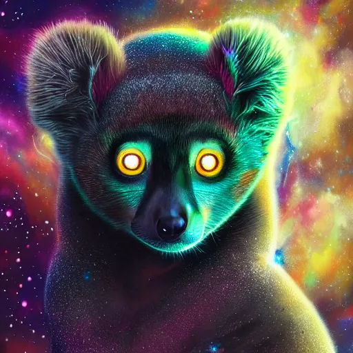 Image similar to Geometric symmetrical lemur with galaxy eyes in space, nebula in the background, intricate, elegant, highly detailed, digital painting, artstation, concept art, smooth, sharp focus, illustration, art by artgerm