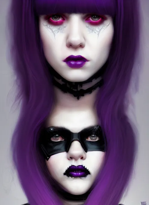 Image similar to portrait of white teenage girl, normal face, black bangs, mall goth, cyberlox, black and white hair, bangs, fluffy bangs, red contacts, purple lipstick, intricate, elegant, highly detailed, digital painting, artstation, concept art, sharp focus, smooth, illustration, art by wlop, mars ravelo and greg rutkowski