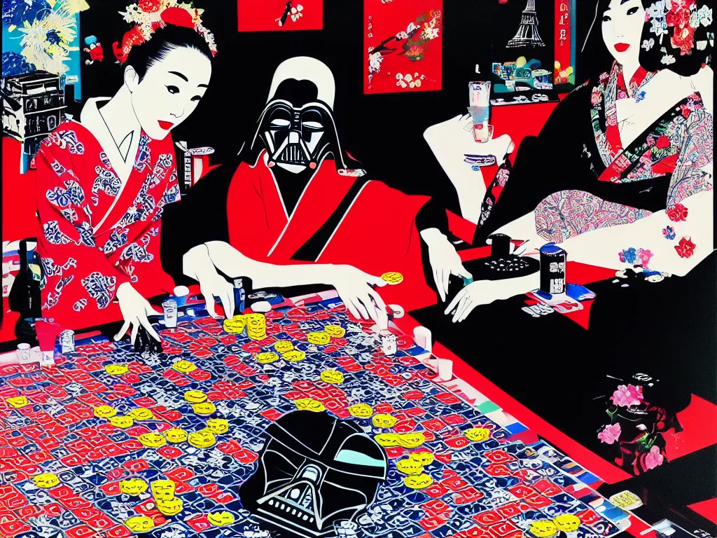 Image similar to hyperrealistim composition of the detailed single woman in a japanese kimono sitting at a extremely detailed poker table with hyperdetailed darth vader, fireworks, mountain fuji on the background, pop - art style, jacky tsai style, andy warhol style, acrylic on canvas