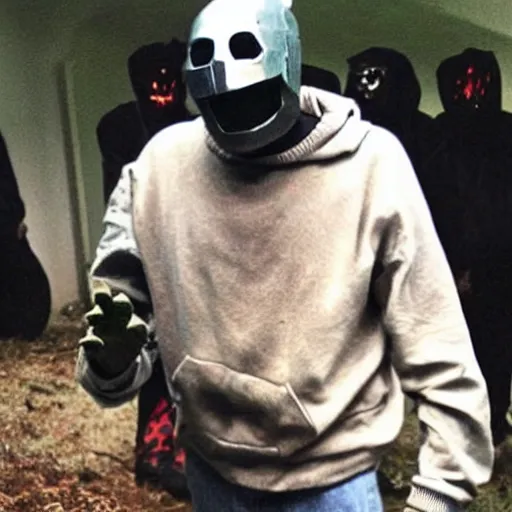 Prompt: MF DOOM crawls out of his grave like a zombie rising from the dead