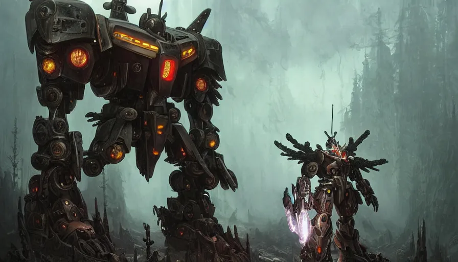 Image similar to mech covered in armor with elden ring aesthetic, ancient metal, artifact machine, glowing lights, piloted by mysterious creatures, gundam and robocop aesthetic, beautiful forests and trees, gothic castles and towers, small people with torches, intricate detail, baroque, art by darek zabrocki and John Park and Feng Zhu and Jason Chan, trending on artstation, masterpiece.