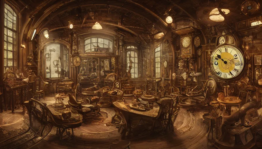 Image similar to a circular common room full of antique clocks, high detail, concept art, illustration, steampunk, fantasy, mechanical, 4 k, trending on artstation