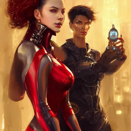 Image similar to adult pair of twins, male and female, arrogant, science fantasy, half portrait, urban background, highly detailed, digital painting, artstation, concept art, sharp focus, smooth, art by artgerm and livia prima and magali villeneuve, elegant red black and gold clothing