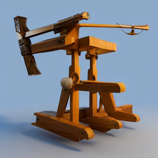 Image similar to a catapult with multiple launchers, 3D model, octane render, wooden