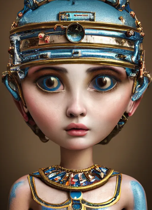 Image similar to closeup portrait of tin toy cleopatra bikin girl trap, depth of field, zeiss lens, detailed, symmetrical, centered, fashion photoshoot, by nicoletta ceccoli, mark ryden, lostfish, breathtaking, 8 k resolution, extremely detailed, beautiful, establishing shot, artistic, hyperrealistic, octane render