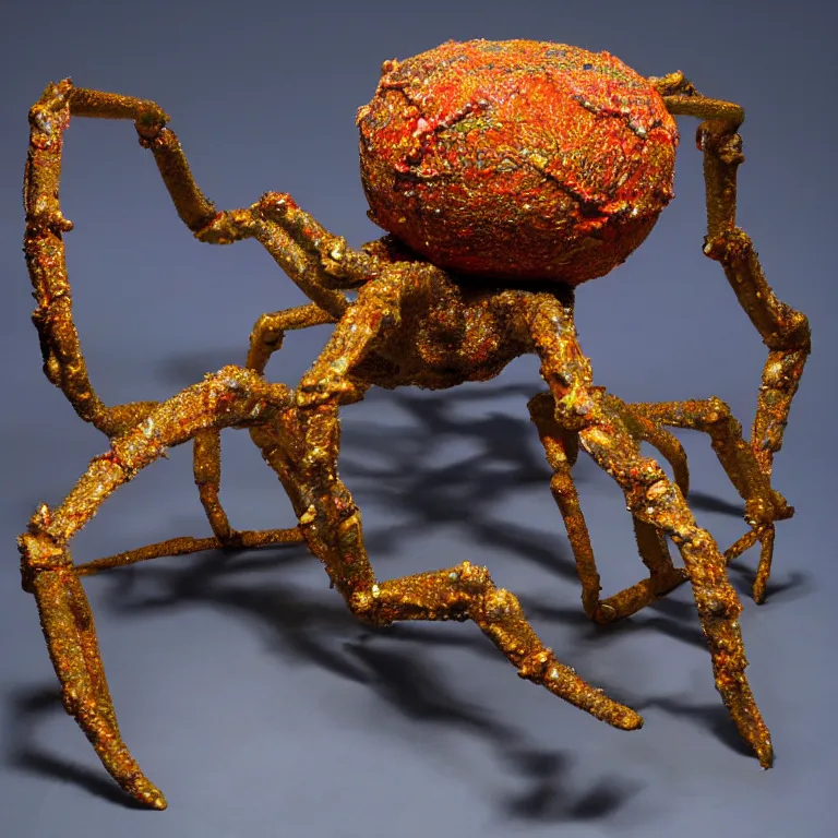 Image similar to hyperrealistic sculpture of a bronze fossilized spider crab in a cage made of colorful plastic wire on a pedestal by ron mueck and duane hanson and lee bontecou, hyperrealistic dramatic colored lighting trending on artstation 8 k