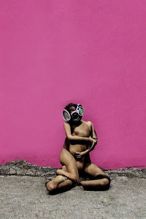 Image similar to a surreal portrait of intertwined and contorted figures wearing gas mask next to a pink wall in the style of brooke didonato, editorial fashion photography from vogue magazine, full shot, nikon d 8 1 0, ƒ / 2. 5, focal length : 8 5. 0 mm, exposure time : 1 / 8 0 0, iso : 2 0 0