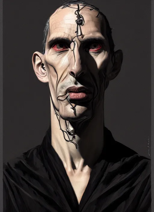 Image similar to portrait of a strange man with a crooked nose and a confident expression, 1 9 6 0 s, black clothes, goth, punk, funk, intricate, elegant, highly detailed, digital painting, artstation, concept art, smooth, sharp focus, illustration, art by wlop, mars ravelo and greg rutkowski