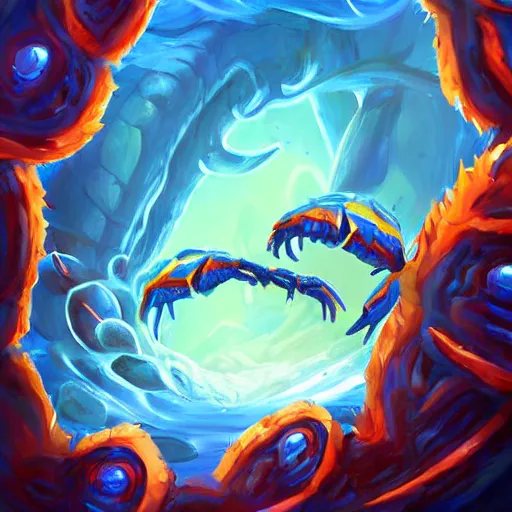 Image similar to blue giant (((((((crab monster)))))))) with giant crab claws, giant crab claws fantasy digital art, magical background in the style of hearthstone artwork