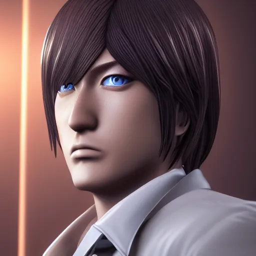 Image similar to a photorealistic 3 d render of light yagami, portrait!!, trending on artstation, 4 k quality, 4 k 3 d render