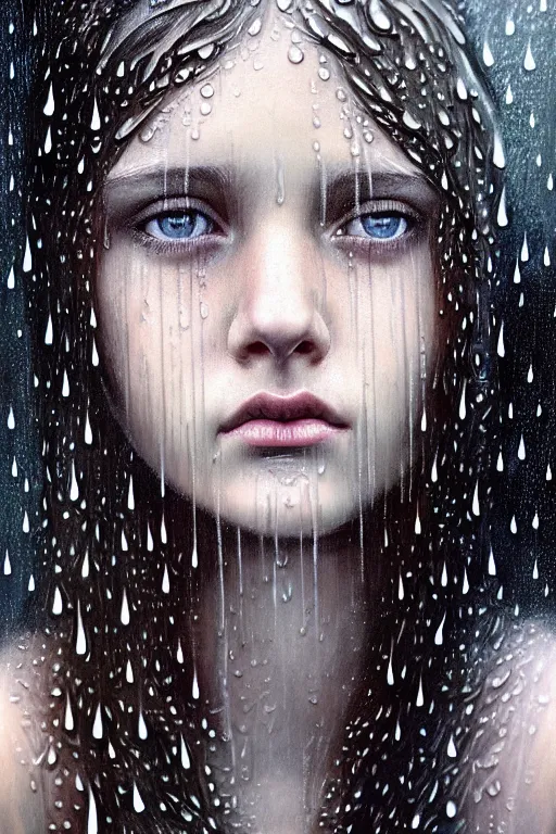 Image similar to portrait of a girl upside down in the rain with wet hair and face, fantasy, intricate, elegant, dramatic lighting, emotionally evoking symbolic metaphor, highly detailed, lifelike, photorealistic, digital painting, artstation, concept art, smooth, sharp focus, illustration, art by John Collier and Albert Aublet and Krenz Cushart and Artem Demura and Alphonse Mucha