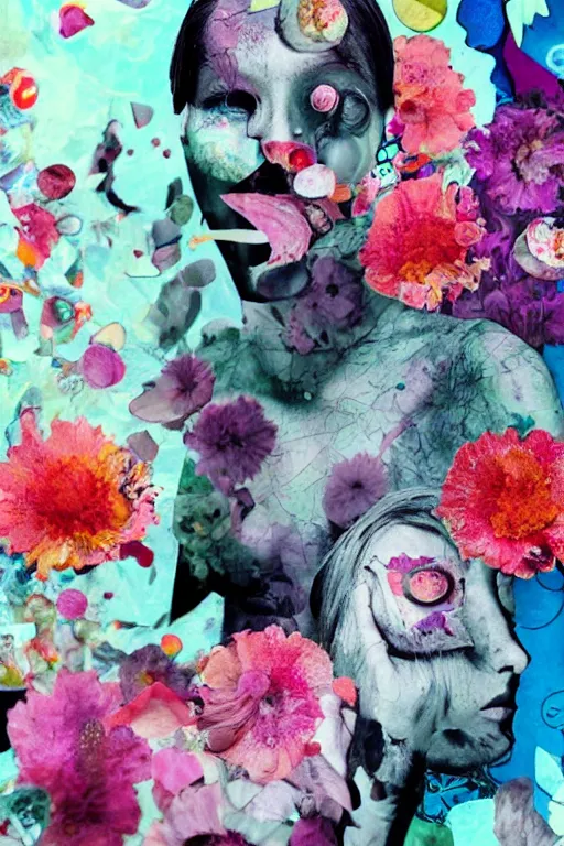 Image similar to a mixed media collage of glitched bodies in random, grotesque, and colorful poses, flowers, eyes and moon, photorealistic, digital collage artistic, aesthetic, artwork