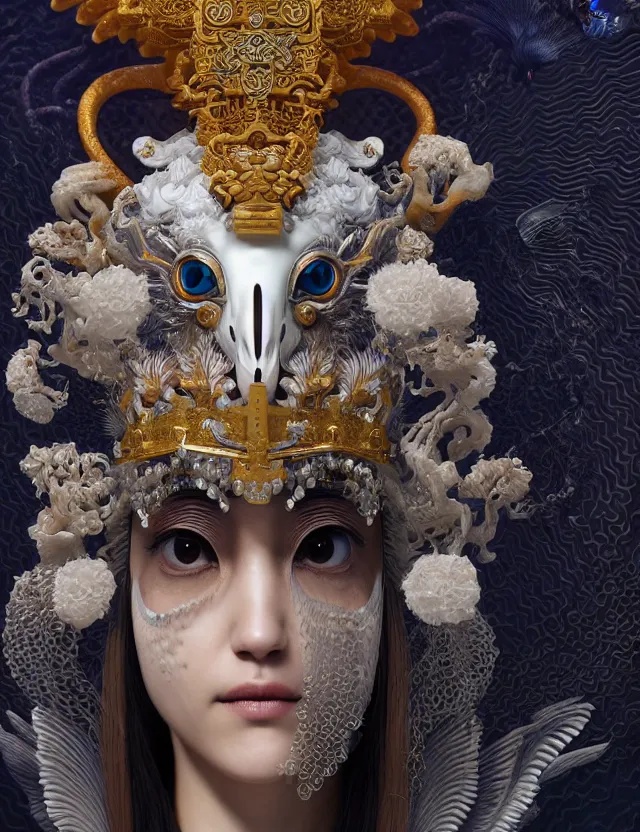 Image similar to 3 d goddess close - up profile portrait with crown, ram skull. beautiful intricately detailed japanese crow kitsune mask and clasical japanese kimono. betta fish, jellyfish phoenix, bio luminescent, plasma, ice, water, wind, creature, artwork by tooth wu and wlop and beeple and greg rutkowski