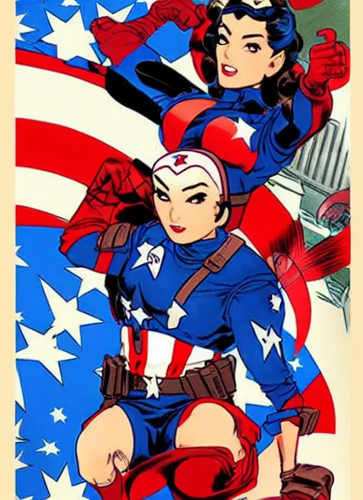 Image similar to syrian female captain america. feminist captain america wins wwii. american wwii propaganda poster by masamune shirow, rob liefeld and pixar. gorgeous face. pin up model. overwatch.