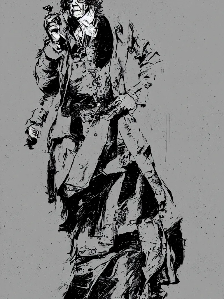 Prompt: Benjamin Franklin, full body portrait, techwear, cyberpunk, graphic design, by Ashley Wood and Jamie Hewlett