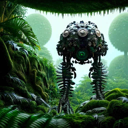 Prompt: creature / machine in a lush tropical vegetation, snow, fractal : : by michal karcz, daniel merriam, victo ngai and guillermo del toro : : ornate, dynamic, particulate, intricate, elegant, highly detailed, centered, artstation, smooth, sharp focus, octane render, 3 d