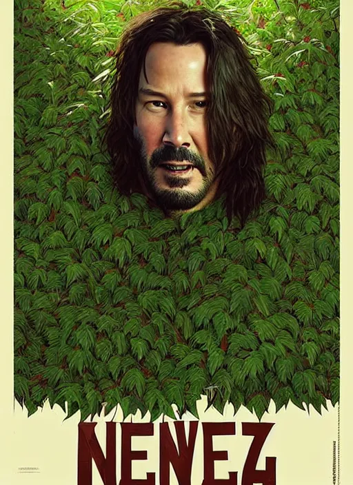 Image similar to highly detailed comedy caper movie poster with silly wacky zany keanu reeves as a sentient pile of leaves, keanu reeves green face as a sentient leafy bush by greg rutkowski, masterpiece, really funny, 1 0 / 1 0 comedy