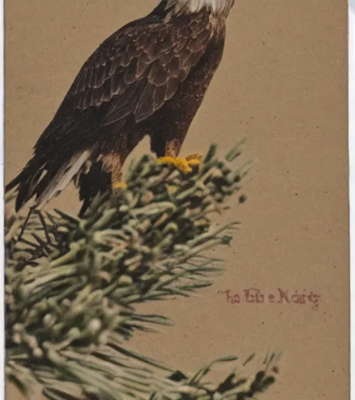 Image similar to tattered postcard of 'an eagle in the nest of a snowy pine tree'