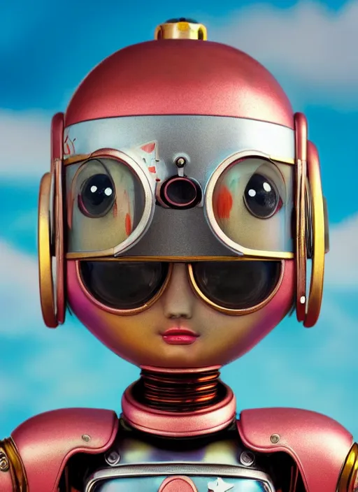 Image similar to highly detailed closeup, face profile portrait of a retro 1 9 5 0 s tin toy robot spacegirl wearing a bikini, unreal engine, nicoletta ceccoli, mark ryden, earl norem, lostfish, global illumination, detailed and intricate environment