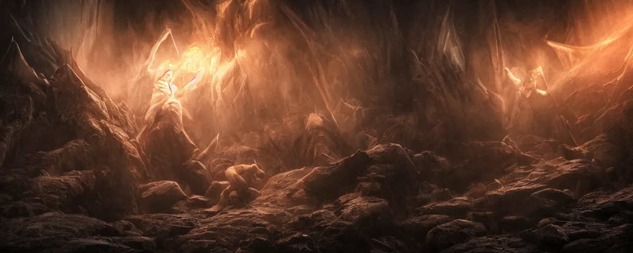 Image similar to god fighting the devil, dark, fiery, mines of moria, lord of the rings aesthetic, in style of alan lee, cinematic, cinematic lighting, octane render, motion blur, highly detailed