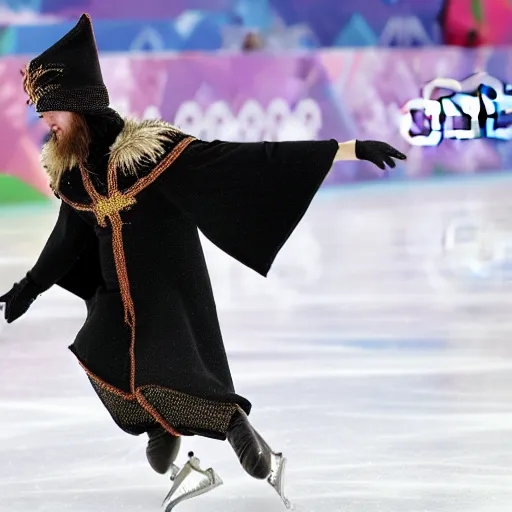 Prompt: medieval wizard figure skating at winter olympics